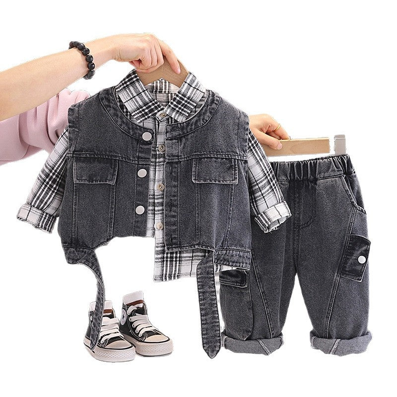 Boys' and Autumn Outfit 2026 New Fashionable Children's Spring Clothing Baby Trendy Denim Vest Three-Piece Set