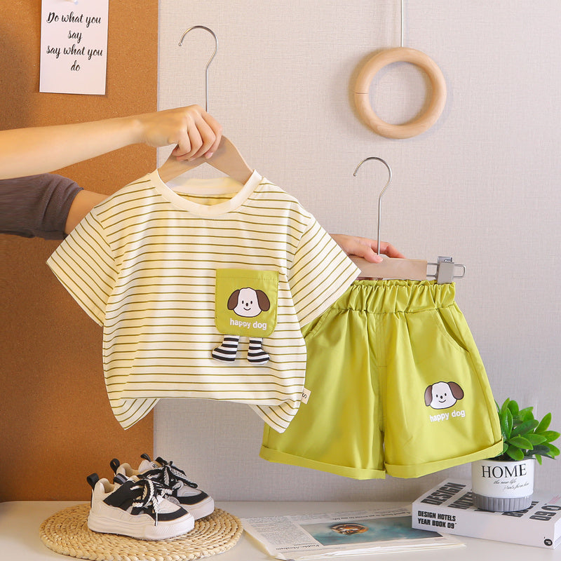 Boys' Outfit 2026 New Fashionable Striped Puppy Two-Piece Set Baby Summer Short Sleeve Shorts Infant Toddler
