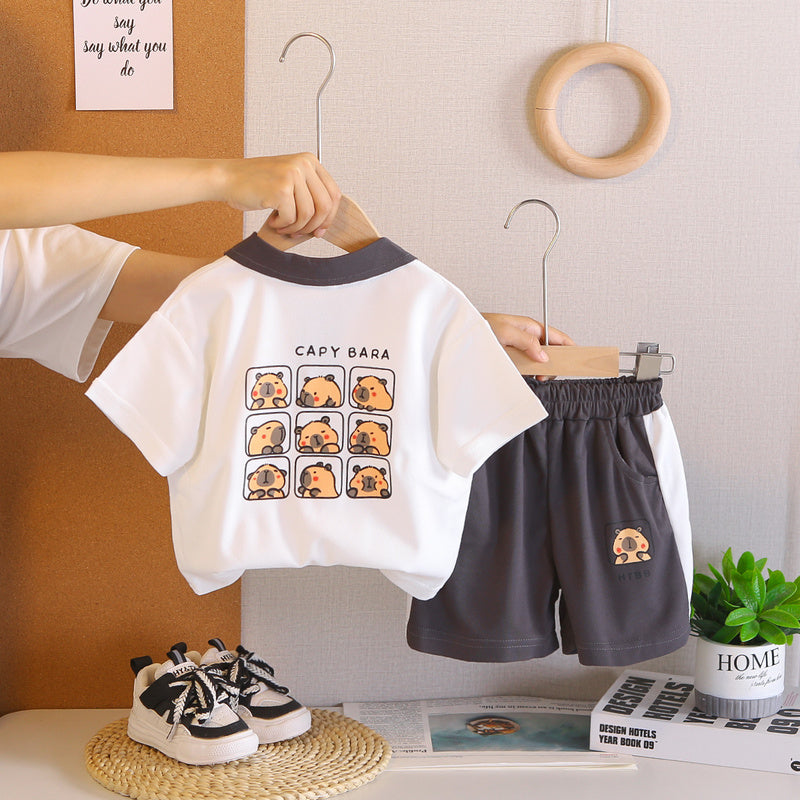 Children's clothing set, boys' outfit, cartoon button-up shirt, short-sleeved, baby summer 2026 new stylish two-piece set