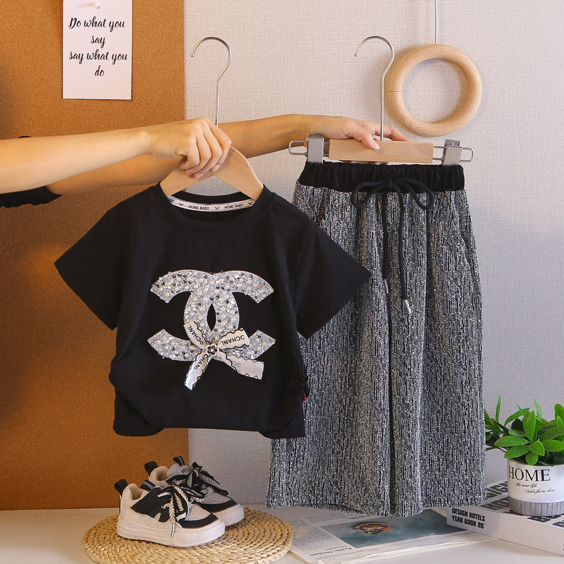 Girls' Outfit 2026 New Style Toddler Children's Clothing Baby Silver Rhinestone Long Pants Summer Two-Piece Trendy Set