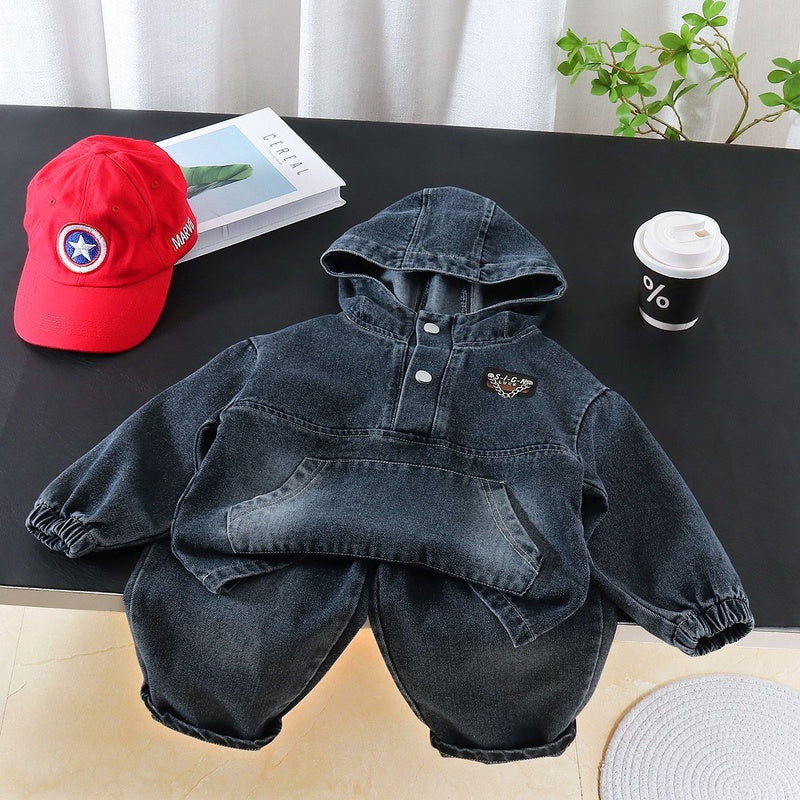 Boys' Outfit Spring Autumn 2026 New Fashionable Baby Boy 4-6 Years Old Children's Solid Color Hoodie and Denim Two-Piece Set