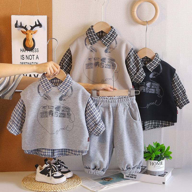 Boys' outfit new children's clothing, Korean-style plaid earphone vest three-piece set, fashionable stylish for toddlers in spring and autumn