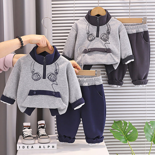 Boys' and Autumn Casual Outfit 2026 Fashionable Baby Headphone Half-Zip Sweatshirt New Two-Piece Set Spring
