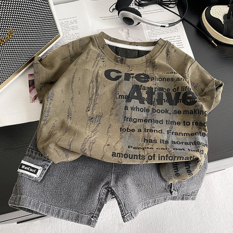 Boys' Summer Short-Sleeve Set 2026 New Stylish Baby English Clothes Trendy Casual Two-Piece Outfit for Little Boys