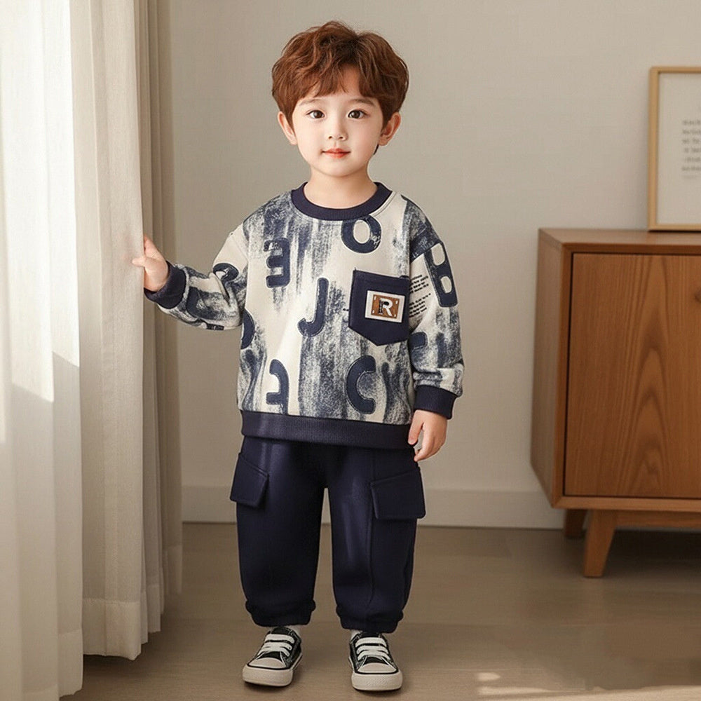 Boys' Spring and Autumn 2026 Casual Outfit, New Style for Boys Aged 1-5, Long-Sleeve Full-Print Letter Sweatshirt Two-Piece Set