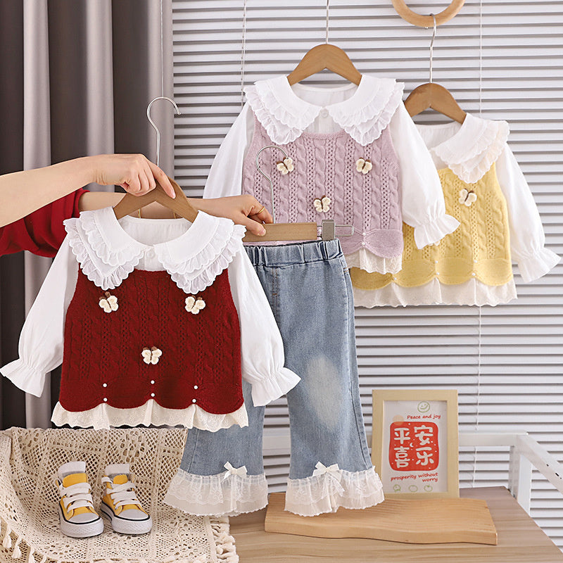 Baby Girl Spring and Autumn Outfit 2026 New Model 3-Piece Butterfly Sweater Set for 1-Year-Old Girls