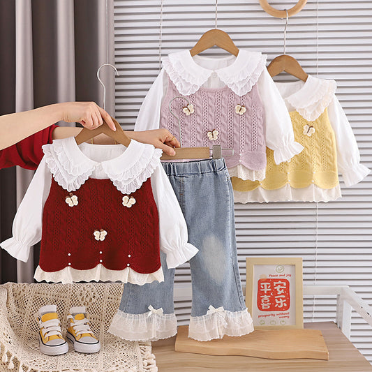 Baby Girl Spring and Autumn Outfit 2026 New Model 3-Piece Butterfly Sweater Set for 1-Year-Old Girls