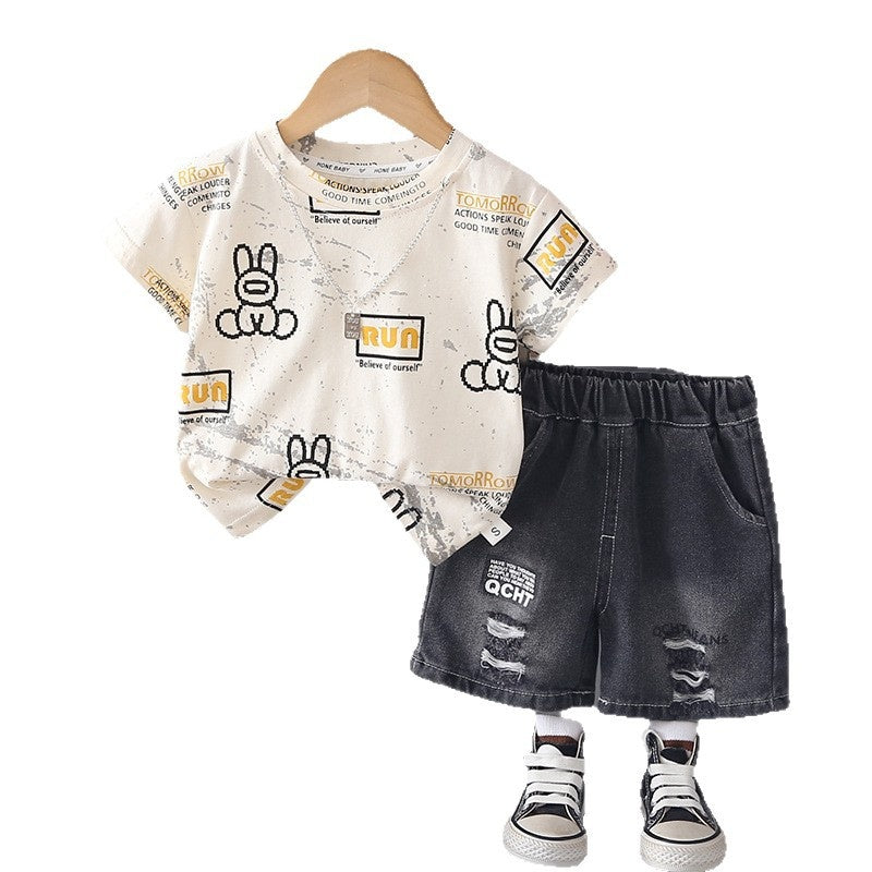 Boys' 2026 New Fashionable Children's Summer Outfit with Letter and Rabbit Print Short-Sleeve Two-Piece Set