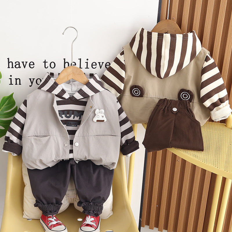 Boys' Set 2026 New Spring and Autumn Fashionable Baby Clothes Striped Vest Three-Piece Trendy Outfit