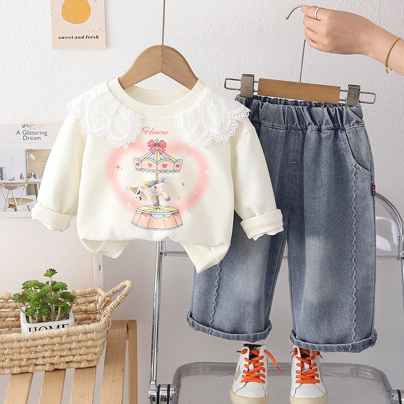 Girls' 2026 New Korean Style Fashionable Baby Lace Collar Two-Piece Casual Spring Outfit with Jeans Trendy
