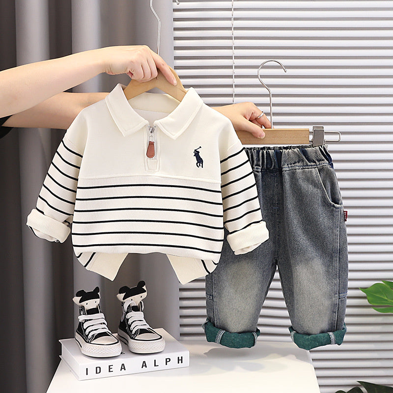 Boys' Autumn Outfit 2026 New Style Baby Boy Spring Fashionable Half-Zip Striped Two-Piece Set for Infants and Children