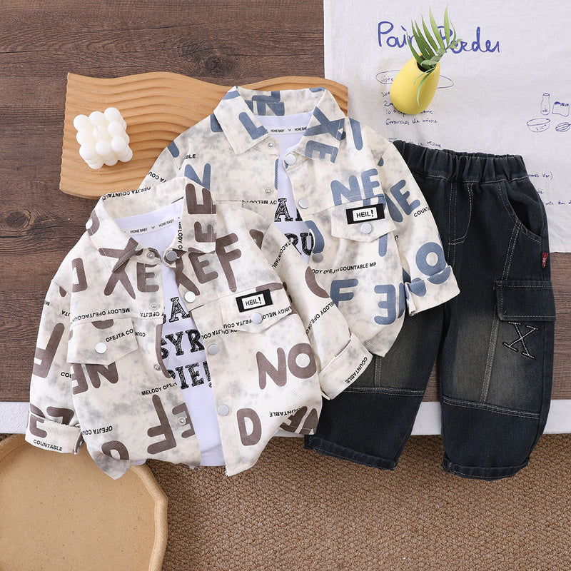 Children's Autumn Outfit 2026 New Style Boys' Stylish Full-Body Letter Print Clothes Toddler Baby Three-Piece Set Wholesale