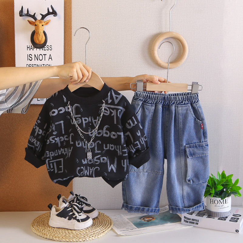 Boys' Outfit 2026 New Fashionable Spring and Clothes Children, Stylish Two-Piece Autumn Sweatshirt Set for Boys