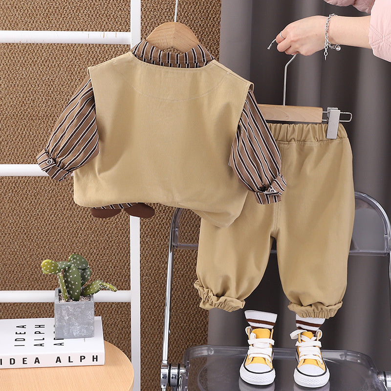 and Autumn Long Sleeve 2025 Spring New Workwear Bear Vest Three-Piece Set 1-5 Years Old Children's Clothing