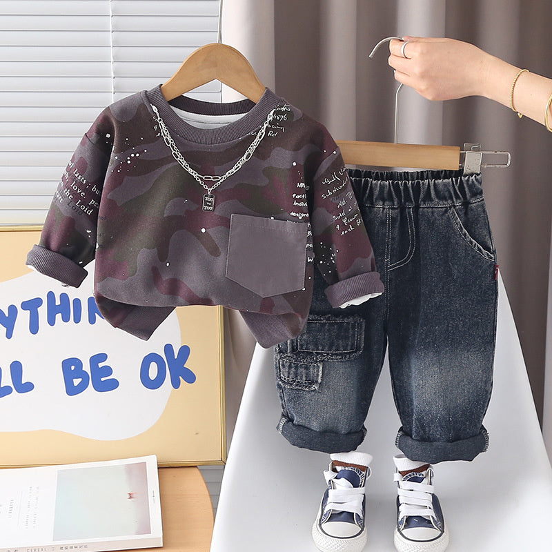 Boys' Outfit Spring and Autumn 2026 New Fashionable Camouflage Sweatshirt Long Sleeve Two-Piece Set Baby Clothes Dropshipping