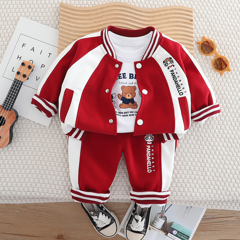 Sports Suit 2025 New Style Boys' Spring and Autumn Fashionable Color Block Baseball Jacket Three-Piece Set Trendy