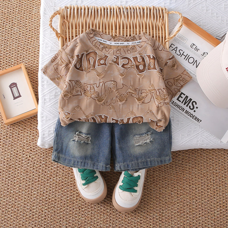 2025 Trendy Clothes Baby Outfit Boys Summer New Style Two-Piece Set English Ripped Short Sleeve Toddler