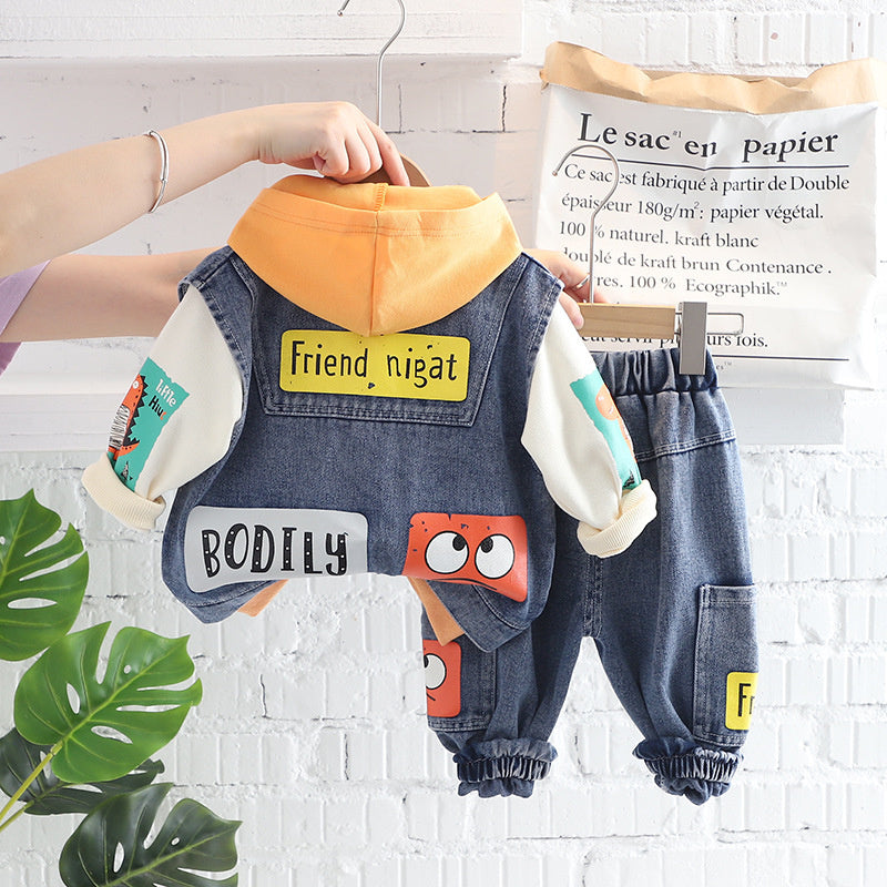 Boys' Clothing Spring and Denim Vest Three-Piece Set Children's Clothes Baby Autumn Outfit 0-1-2 Years Old Trendy
