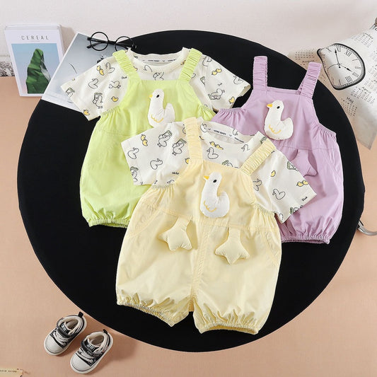 Girls' Summer Outfit, Stylish Children's Short-Sleeve Clothes, 2026 New Fashionable Baby Overalls Two-Piece Set