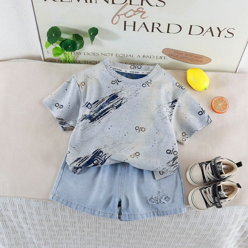 Children's 2026 Summer New Style Boys' Tie-Dye Letter Two-Piece Set Baby Short-Sleeve Sports Shorts