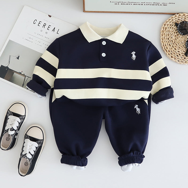 Boys' and Autumn Outfit Baby Spring Clothes Infant Children's Clothing New Embroidered Striped Polo Two-Piece Set for Boys