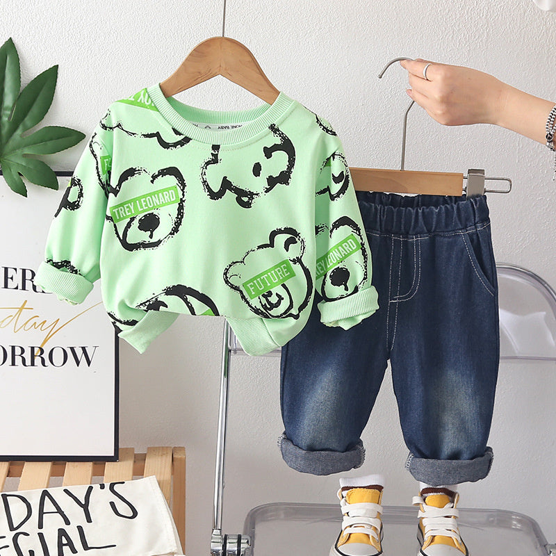 Baby outfit, full-print bear head sweatshirt two-piece set for 3-6-12 months old boys, spring and autumn cartoon clothing