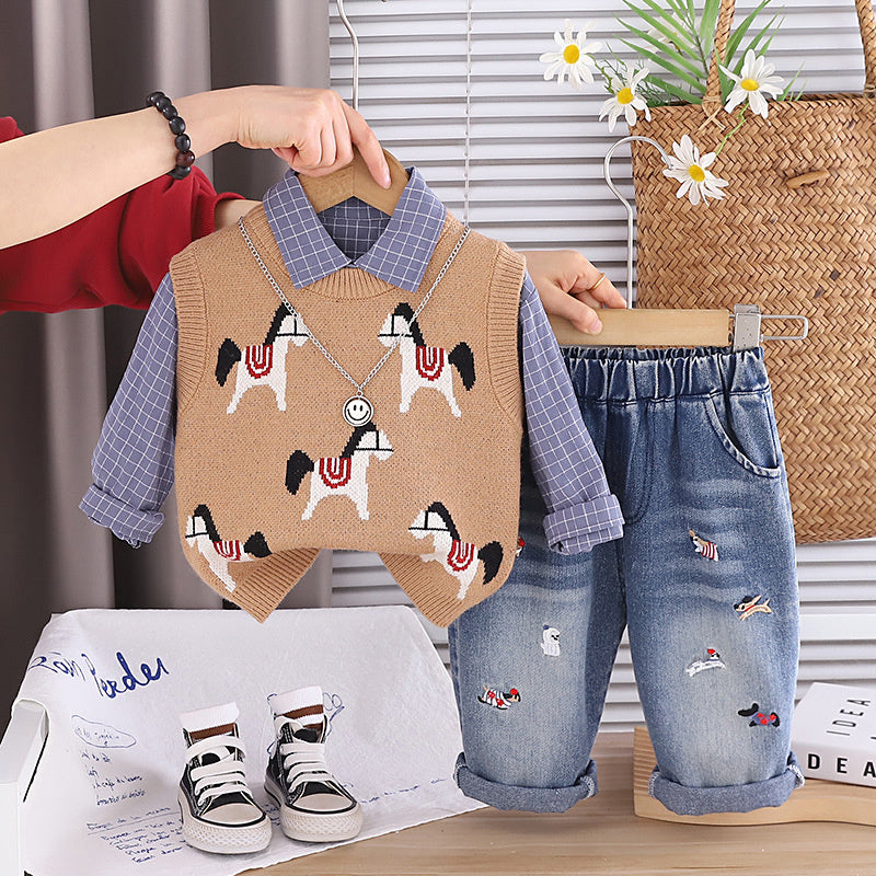 Baby Boy Outfit Set 2026 New Cartoon Pony Three-Piece Suit for Boys, Stylish Spring and Autumn Children's Clothing