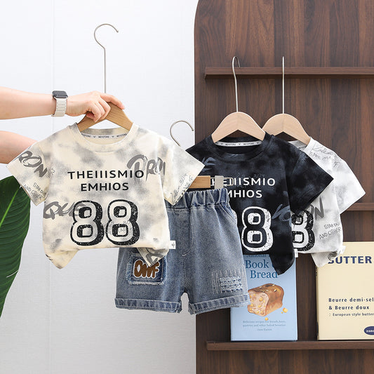 Boys' Outfit 2026 New Style Infant Children's Clothing Summer Cute Tie-Dye Digital Pattern Clothes for Baby Boys Trendy
