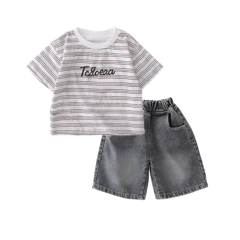 Striped Letter Baby Set for Boys, Children's Summer Stylish Outfit, Trendy T-shirt 2026 New Short Sleeve Clothes