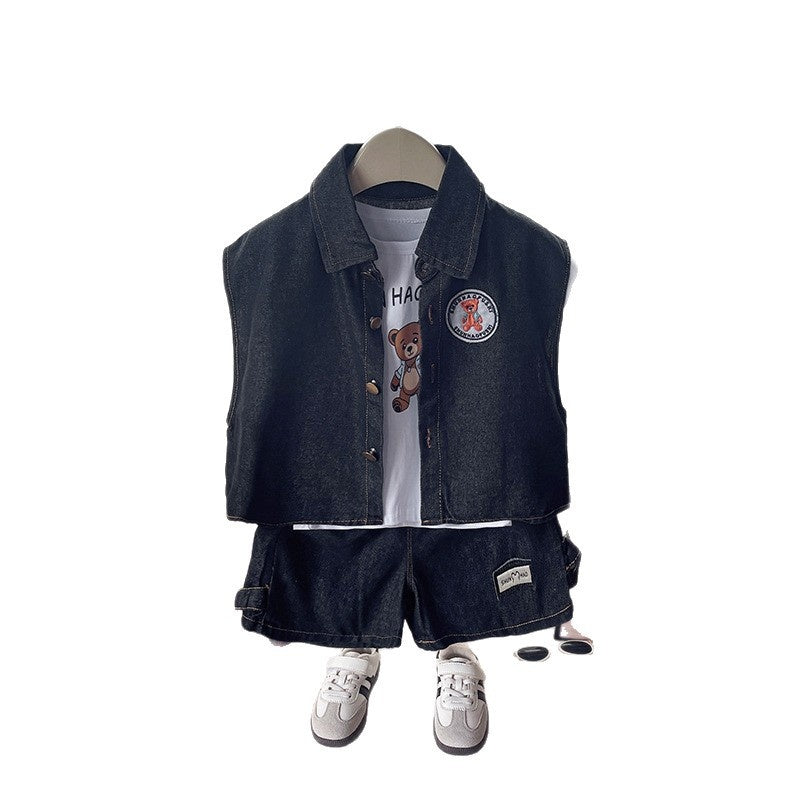 Boys' Summer Outfit: Stylish Children's Short-Sleeve Clothes, 2026 New Fashionable Baby Denim Vest Three-Piece Set