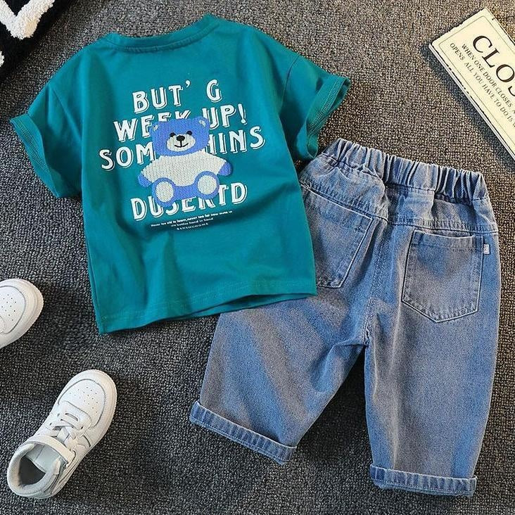 Boys' Summer Outfit 2025 New Fashionable Children's Short Sleeve Set, Stylish Baby Denim Shorts Two-Piece Set