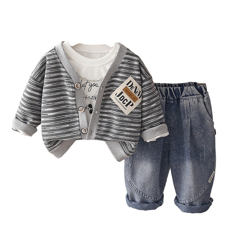 Boys' Outfit 2026 New Fashionable Children's Sunglasses Necklace Striped Three-Piece Set Stylish Baby Korean Style Autumn