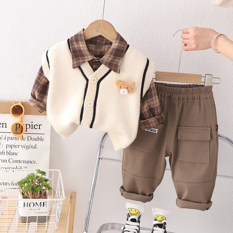 Clothing Spring and Autumn New Children's Knitted Sweater Vest Cardigan Three-piece Boy Girl Baby Cartoon Shirt Set