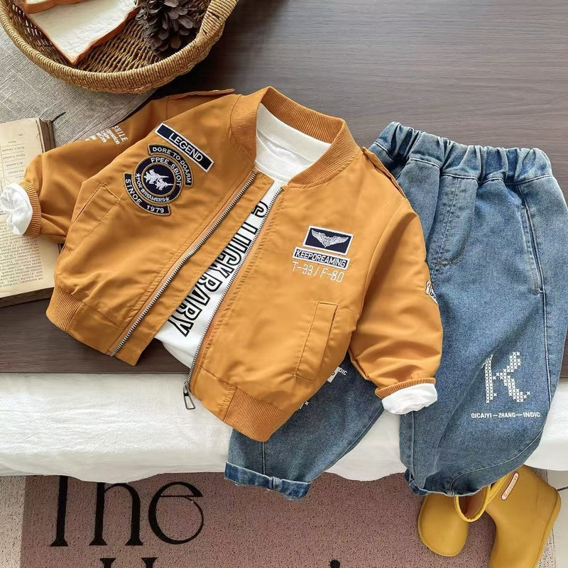 Boys' Outfit 2025 New Children's Spring and Autumn Stylish Baseball Jacket Long Sleeve Three-Piece Set for Babies