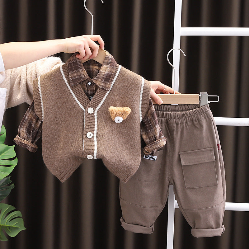 Clothing Spring and Autumn New Children's Knitted Sweater Vest Cardigan Three-piece Boy Girl Baby Cartoon Shirt Set