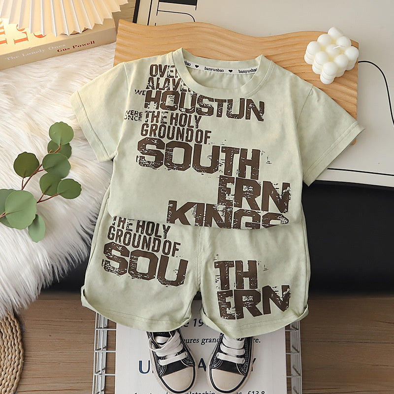 Boys' Summer Outfit 2026 New Fashionable Casual Sports Short Sleeve Shorts Two-Piece Set for Boys