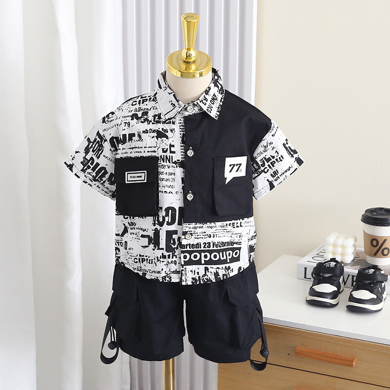 Boys' Short-Sleeve English Patchwork Shirt Two-Piece Set 2026 New Fashionable Baby Summer Clothes Trendy