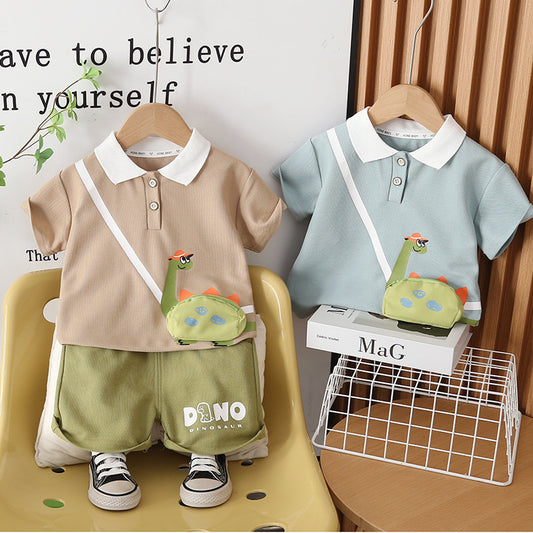 Boys' Turn-down Collar Dinosaur Short Sleeve 2026 New Baby Children's Clothing Toddler Summer Outfit Two-piece Trendy Set