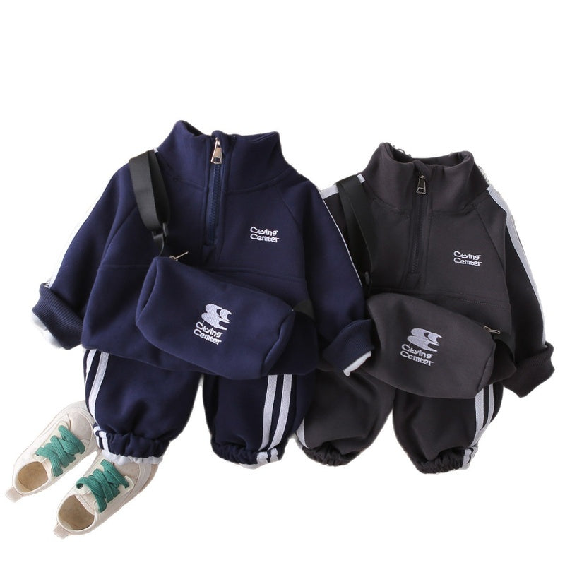 Boys' Autumn Outfit 2025 New Style Children's Long-Sleeve Clothes Stylish Baby Two-Piece Set with Half-Zip Jacket and Crossbody Bag