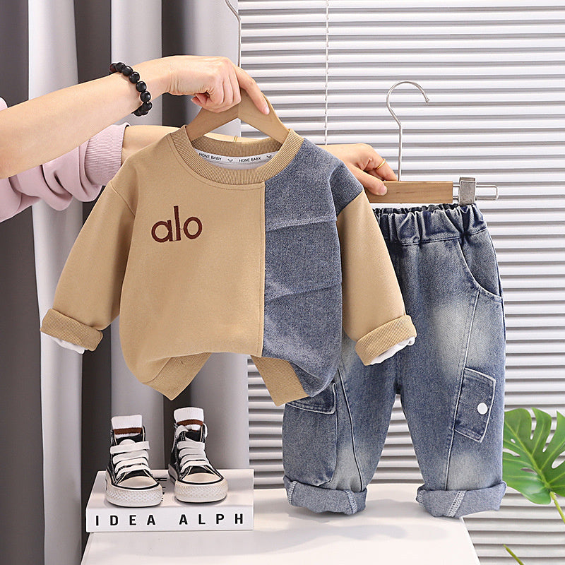 Boys' Outfit 2026 New Collection Letter Patchwork Two-Piece Set Infants Toddlers, Boys Aged 1-3 Years, Trendy for Spring and Autumn