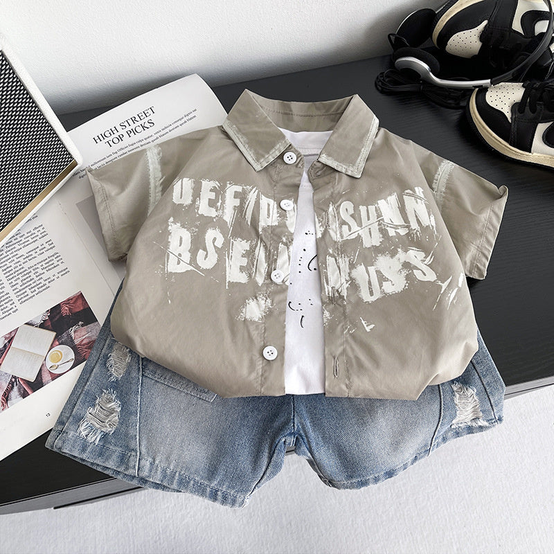 Boys' 2026 New Stylish Children's Short-Sleeve English Shirt Three-Piece Set Baby Summer Fashion