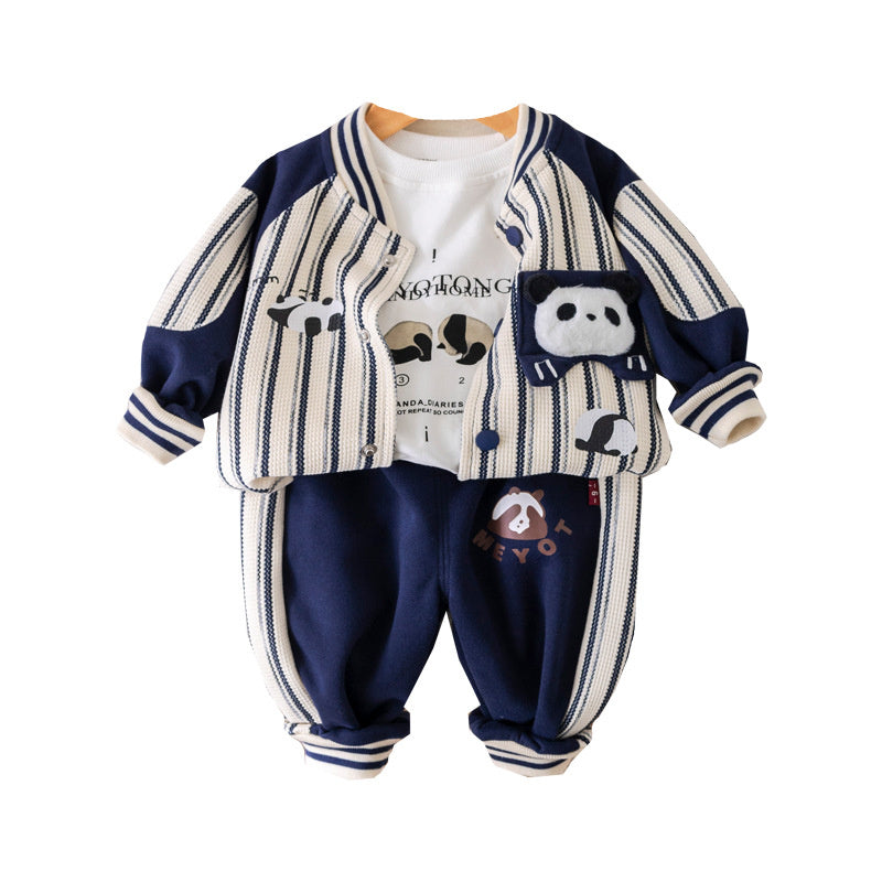 Wuxiaoqi Children's Clothing 2025 Spring and Autumn New Style 0-4 Years Old Boys Vertical Striped Panda Baseball Uniform Long T-shirt Pants Set