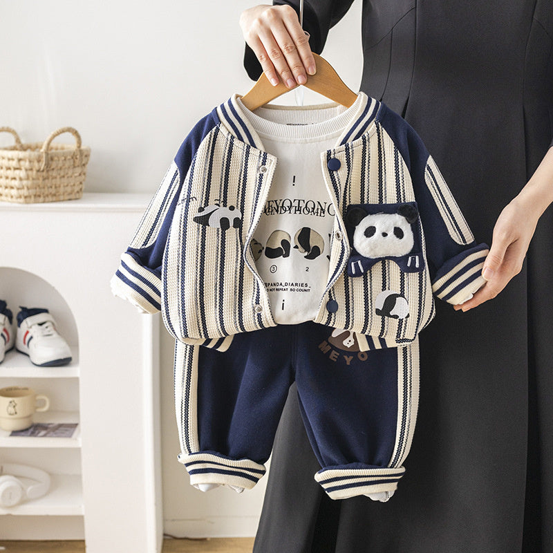 Wuxiaoqi Children's Clothing 2025 Spring and Autumn New Style 0-4 Years Old Boys Vertical Striped Panda Baseball Uniform Long T-shirt Pants Set