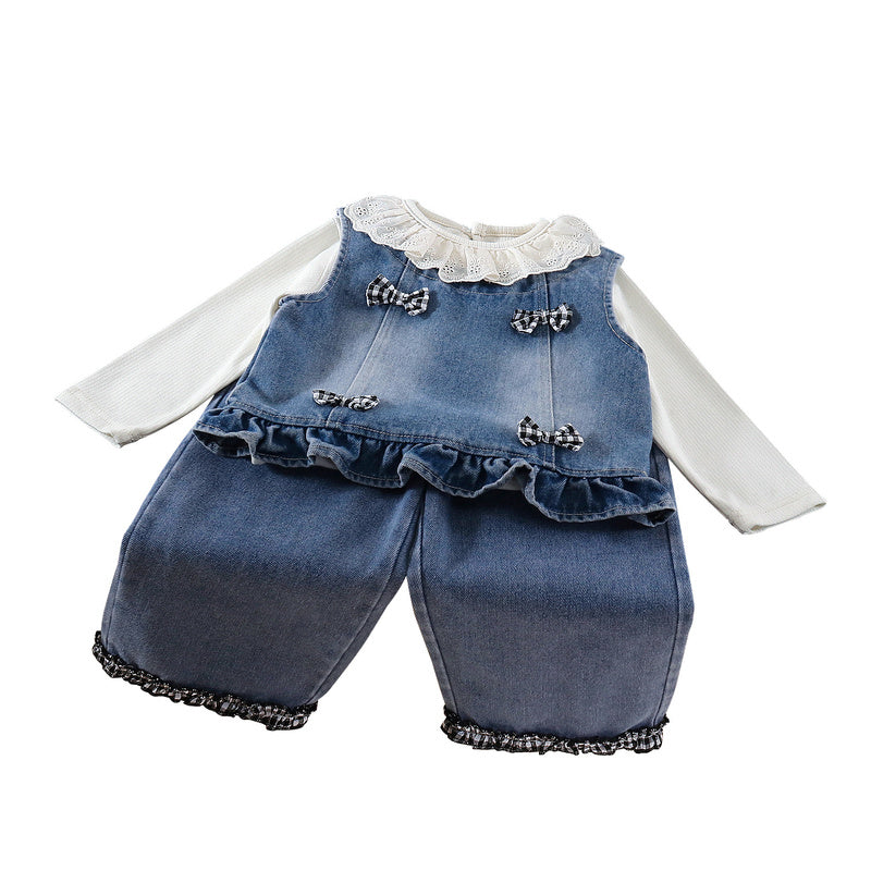 Women's Spring Outfit 2026 New Fashionable Children's Clothing for Girls Baby Doll Collar Plaid Bow Tie Three-Piece Trendy Set