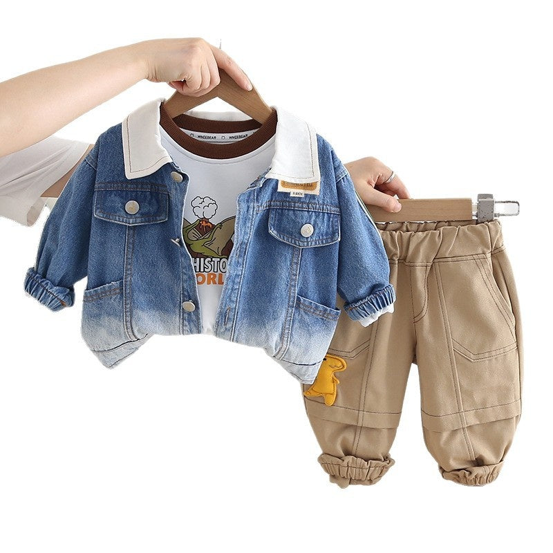 Boys 2025 New Outfit Baby Spring and Autumn Ribbon Denim Three-Piece Set Children's Stylish Long Sleeve Clothes