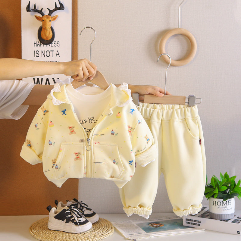 Girls' outfit with all-over bunny print jacket, stylish children's spring and wear, Korean-style casual three-piece set for baby girls in autumn