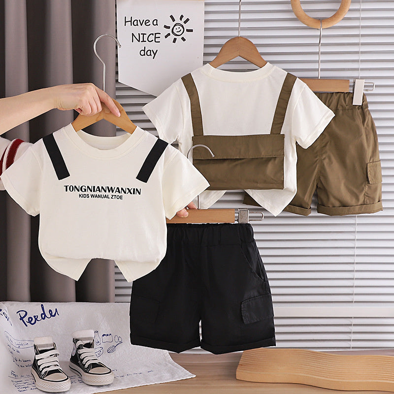 Boys' Short-Sleeve Outfit 2026 New Fashionable Fake Backpack Two-Piece Set Summer Children's Sportswear Trendy