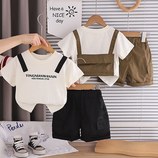 Boys' Short-Sleeve Outfit 2026 New Fashionable Fake Backpack Two-Piece Set Summer Children's Sportswear Trendy