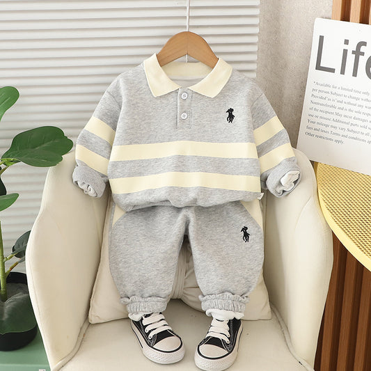 Boys' and Autumn Outfit Baby Spring Clothes Infant Children's Clothing New Embroidered Striped Polo Two-Piece Set for Boys