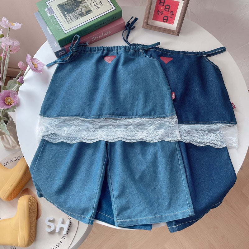 Girls' outfit new stylish toddler baby drawstring suspender denim shorts two-piece thin summer set